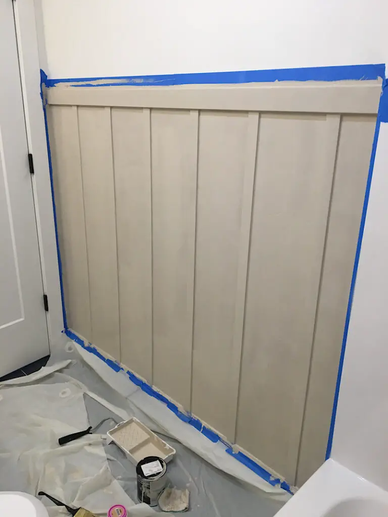 painting the board and batten accent wall in the bathroom